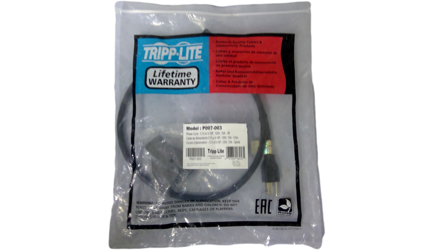 NEW TRIPP LITE 3' COMPUTER POWER CORD CABLE P007-003 C13 TO 5-15P 120V 15A