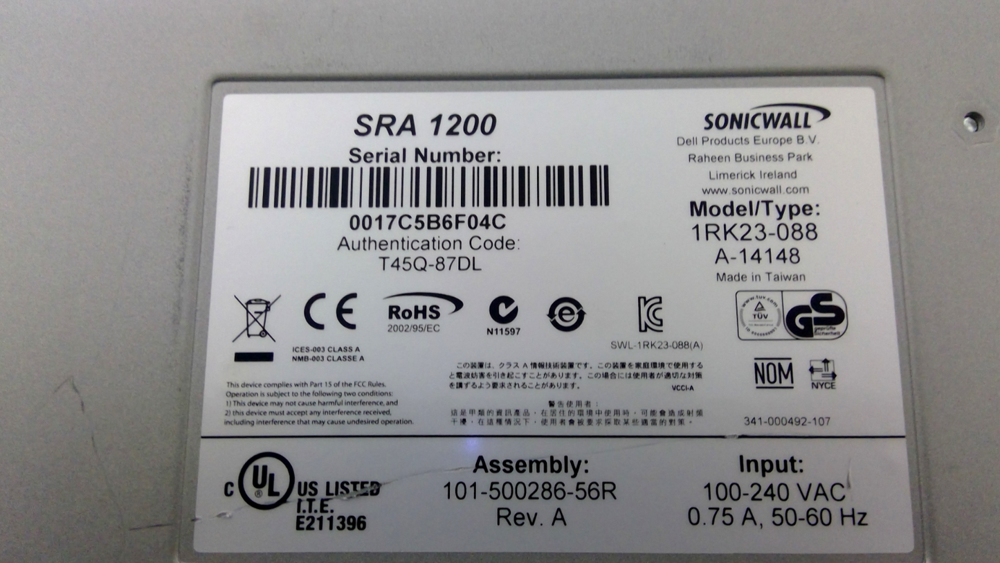 Sonicwall SRA 1200 Secure Remote Access Firewall w/ Ears Rackmountable 1RK23-088